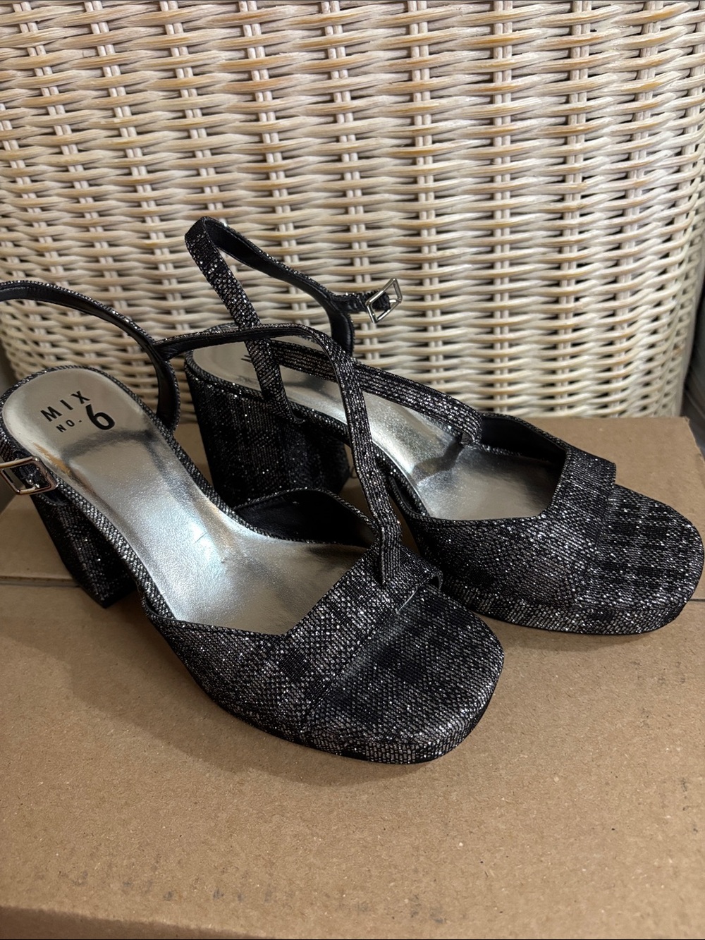 Mix No. 6 Black Glitter Block Heel Slingback Pumps